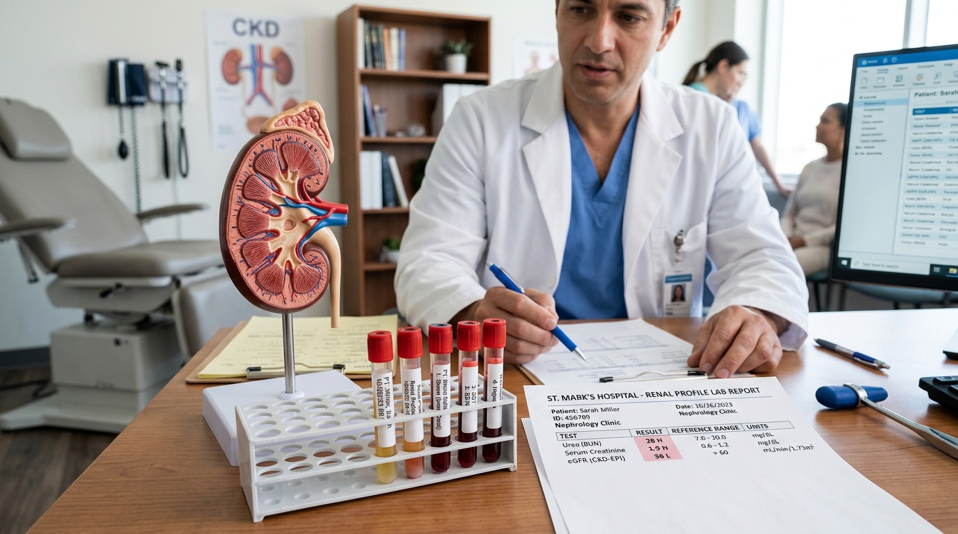 Renal diagnostic lab report with serum creatinine, BUN, and anatomical kidney model