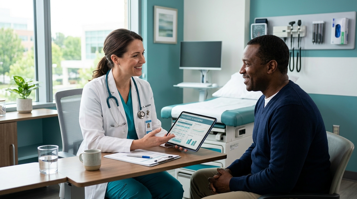 Doctor consulting with patient regarding preventive health screening and longevity biomarkers