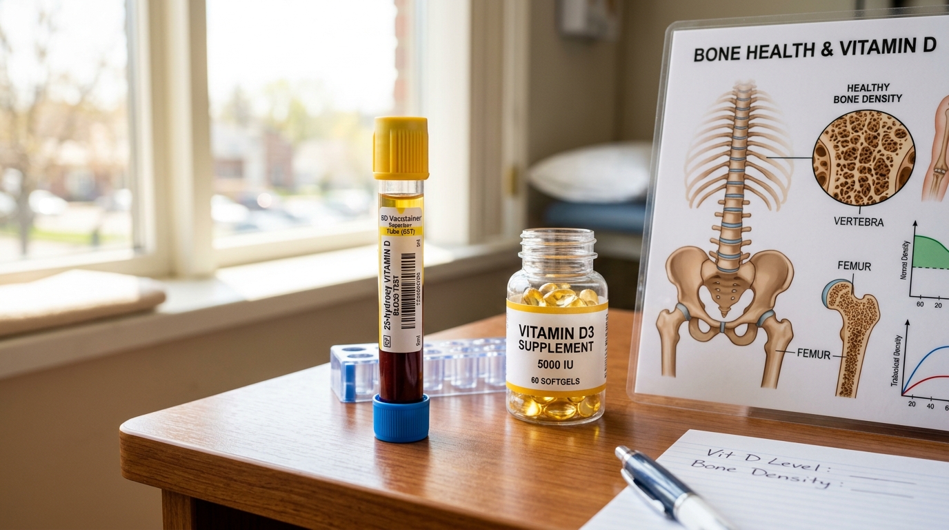 25-Hydroxy Vitamin D blood collection tube with bone health anatomical model in diagnostic lab